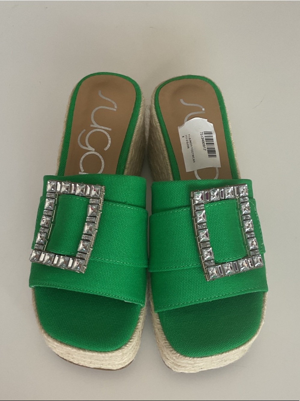 Sugar Embellished Green Espadrille Wedge Sandals NWT Sz 8